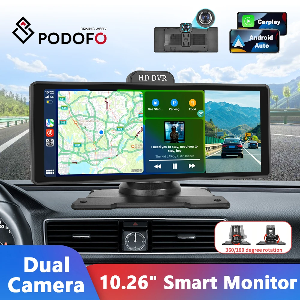 

Podofo 10.26" Car Mirror Video Recorder Carplay Android Auto Monitor Rearview DVR GPS Navigation Dashboard For Nissan Toyota