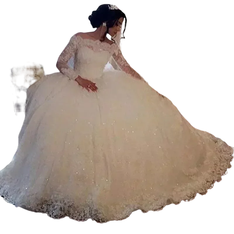 Maßgeschneiderte, bezaubernde Brautkleider mit langen Ärmeln, Spitzenapplikationen, Hofschleppe, Pailletten und Ballkleid-Schnitt, Brautmode 2023