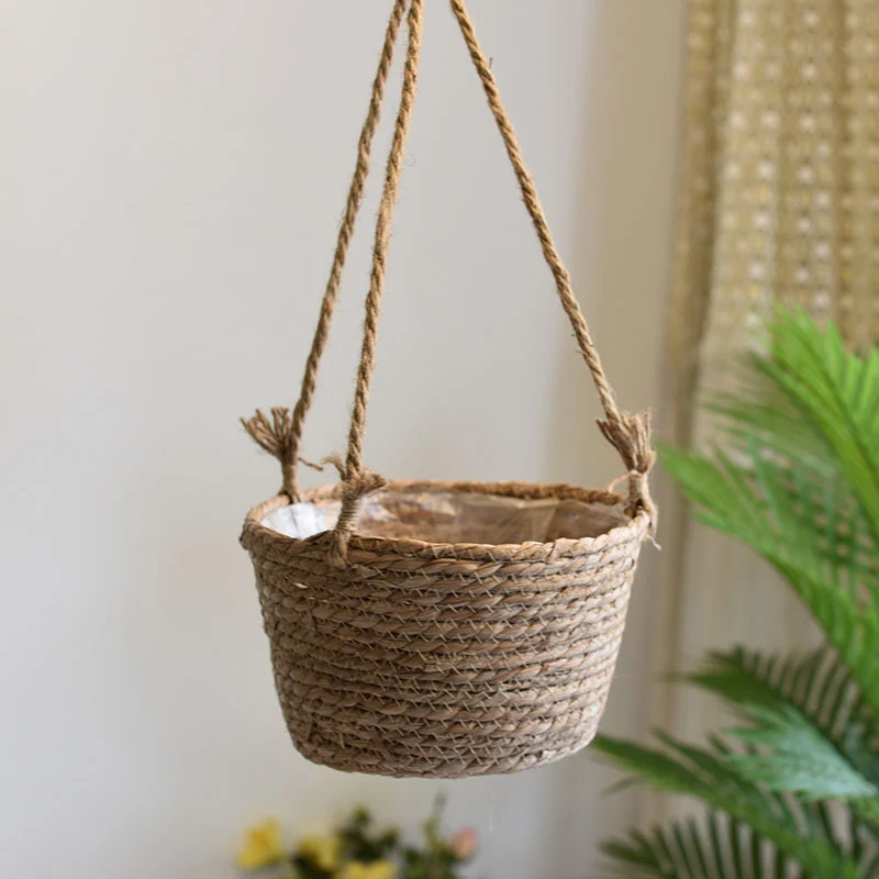 1Pc Straw Rattan Green Radish Chrysanthemum Flower Pot Hanging Wall Hanging Pot Straw Woven Decorative Basket