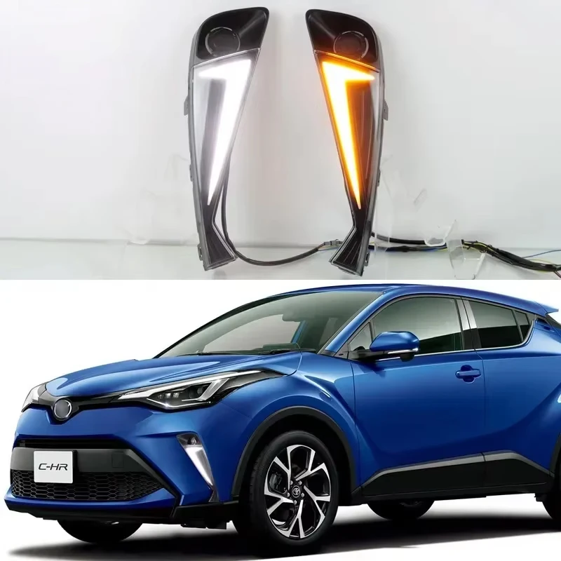 

2 шт. для Toyota C-HR CHR 2020 2023, автомобильные светодиодные DRL дневные ходовые огни с динамическим указателем поворота, крышка противотуманной фары дневного света