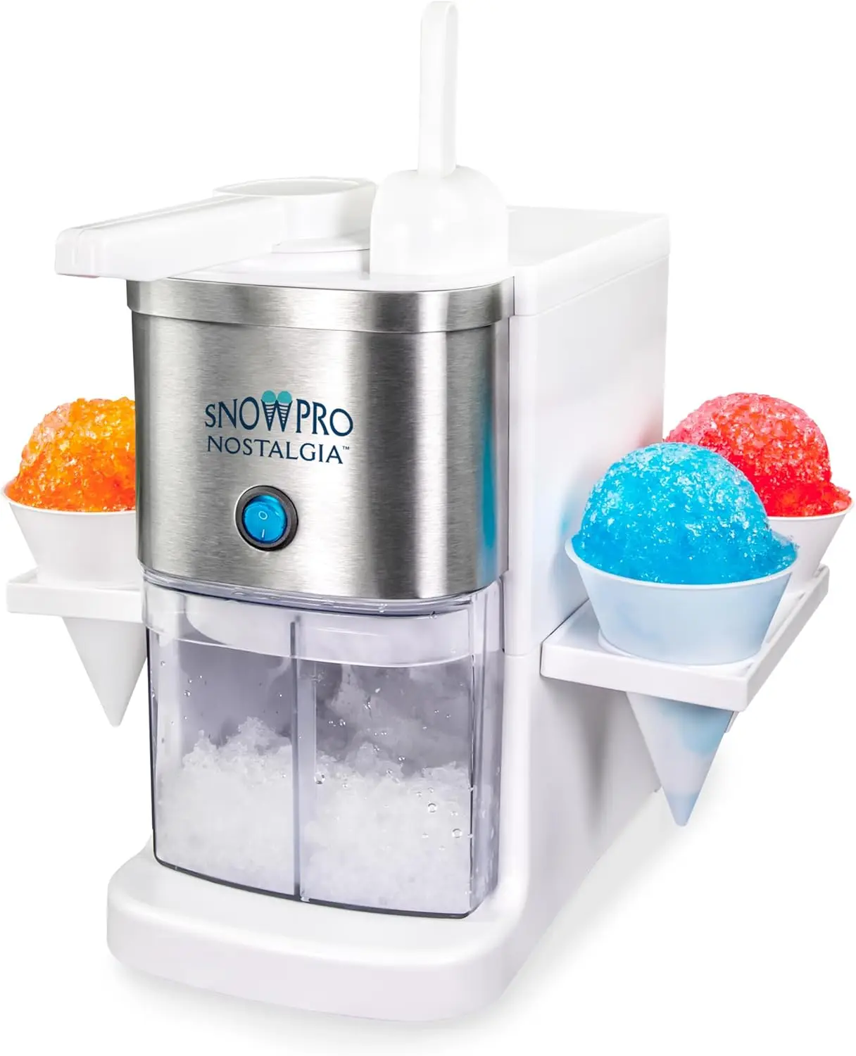 

SnowPro Electric Shaved Ice & Snow Cone Maker 64-Ounce Ice Shaving Capacity, 4 Reusable Cones, Side Shelves, and Scoop