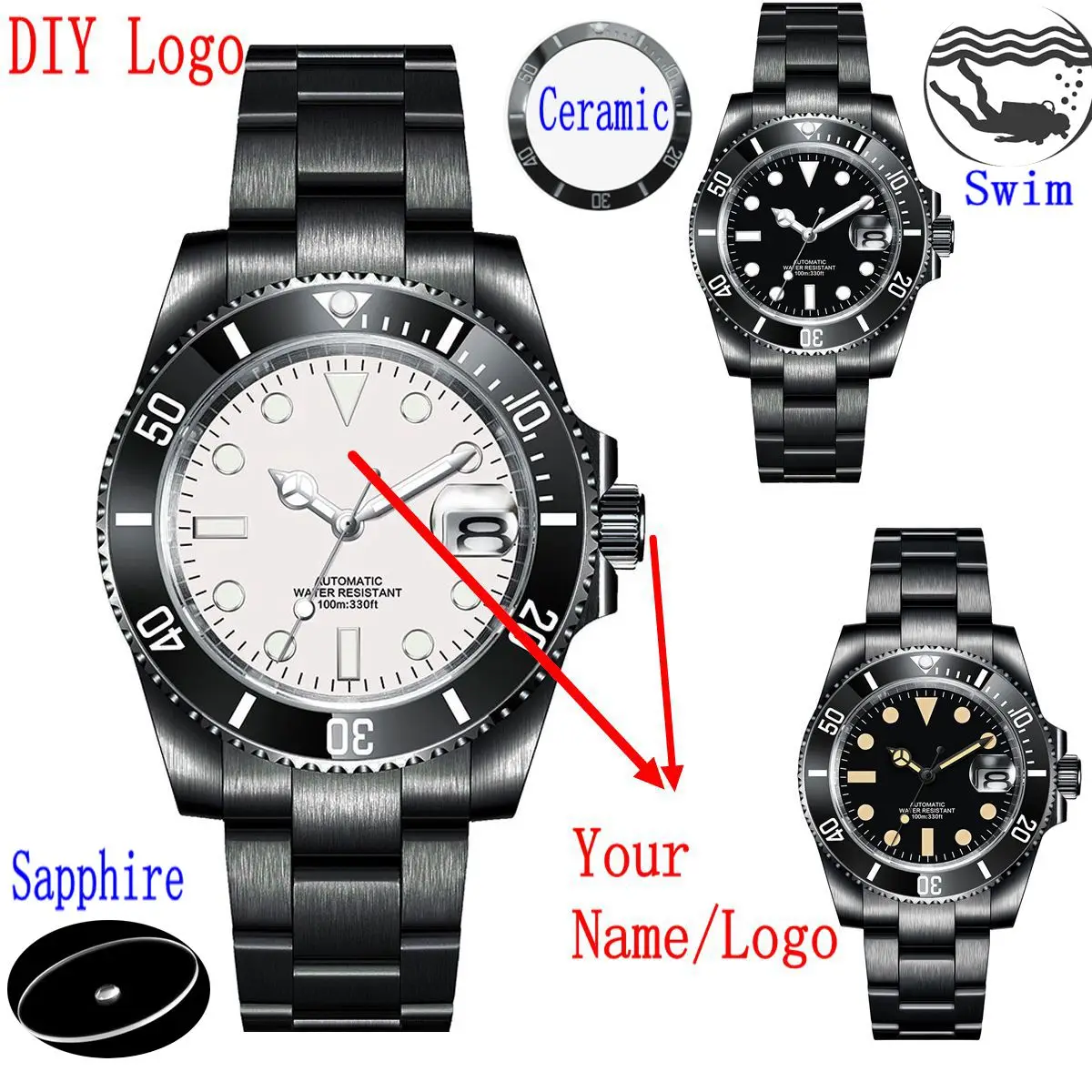 

Custom Logo Sapphire Black PVD Men Watch NH35 Miyota Automatic Wristwatch Mechanical Watches Ceramic Bezel 10Bar Swim Male Clock