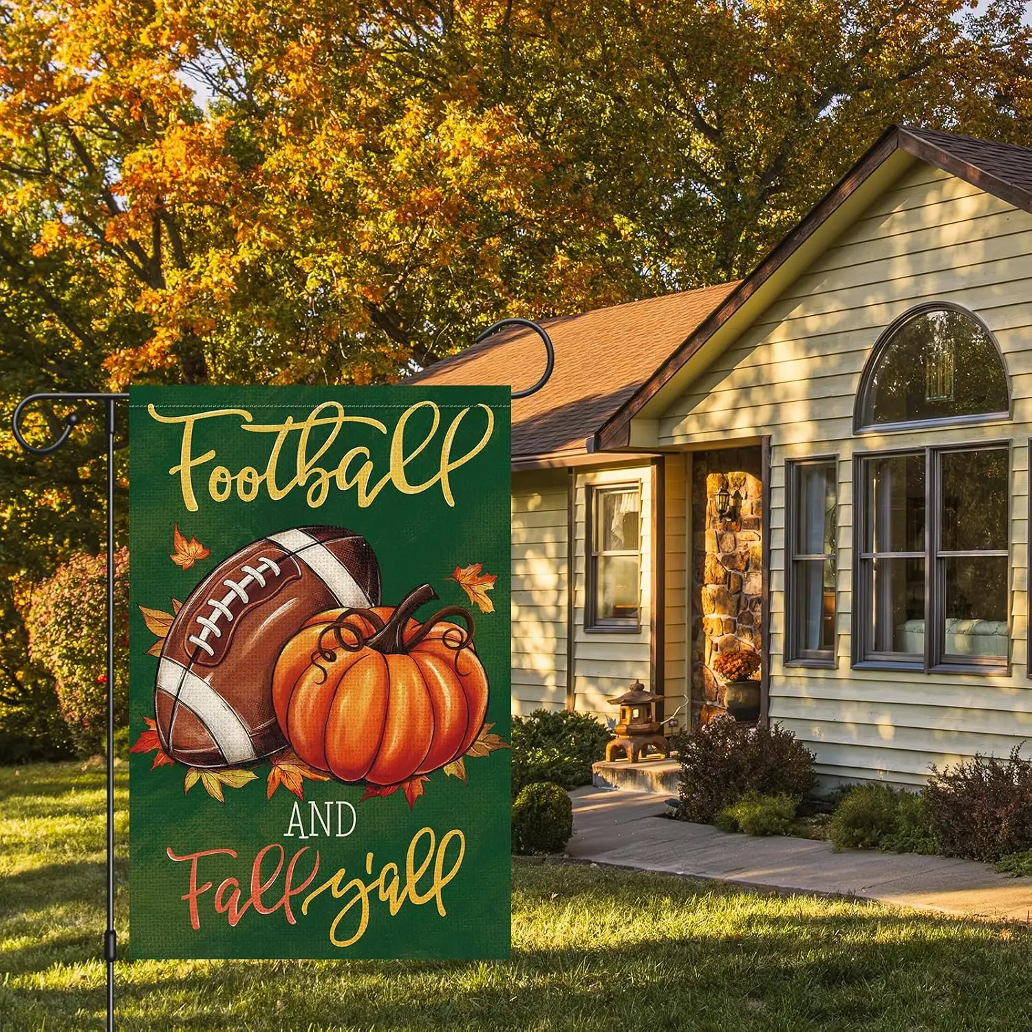 Heyfibro Football and Fall Y'all Garden Flag 12x18 Double Sided Burlap, Autumn Rugby Pumpkin Yard Flags for Thanksgiving uui