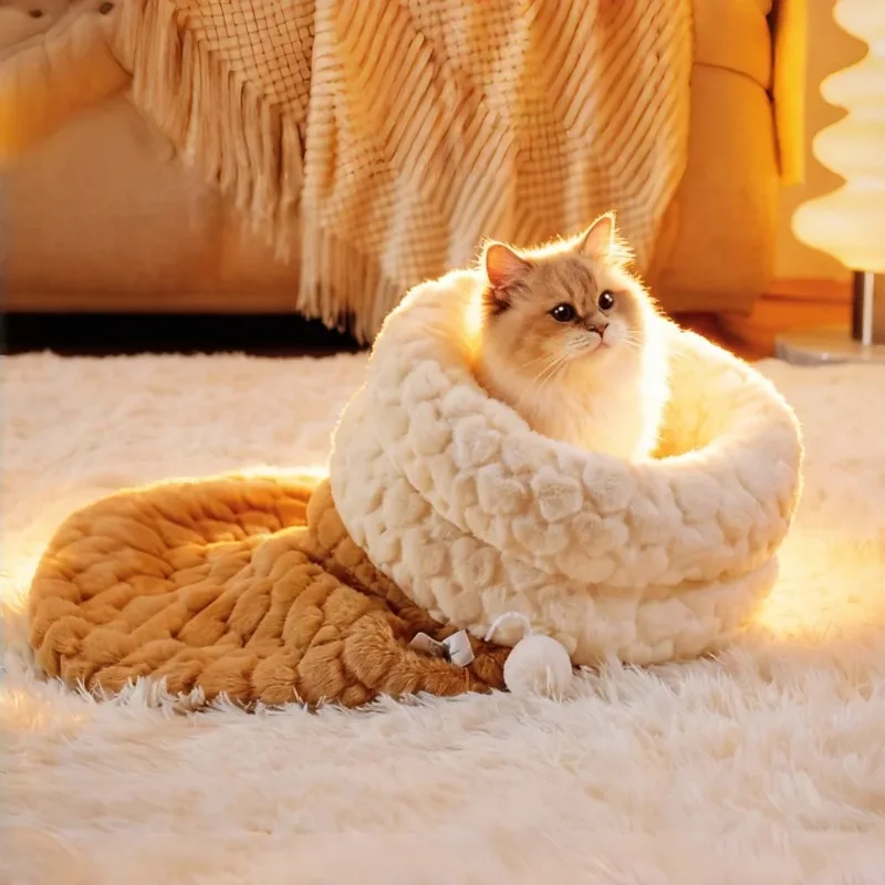 Upgraded Enclosed Cat Bed: Winter Snuggle Sack with Burrow Entry & Security Hood - Bunny-Soft Plush for Anxiety Relief