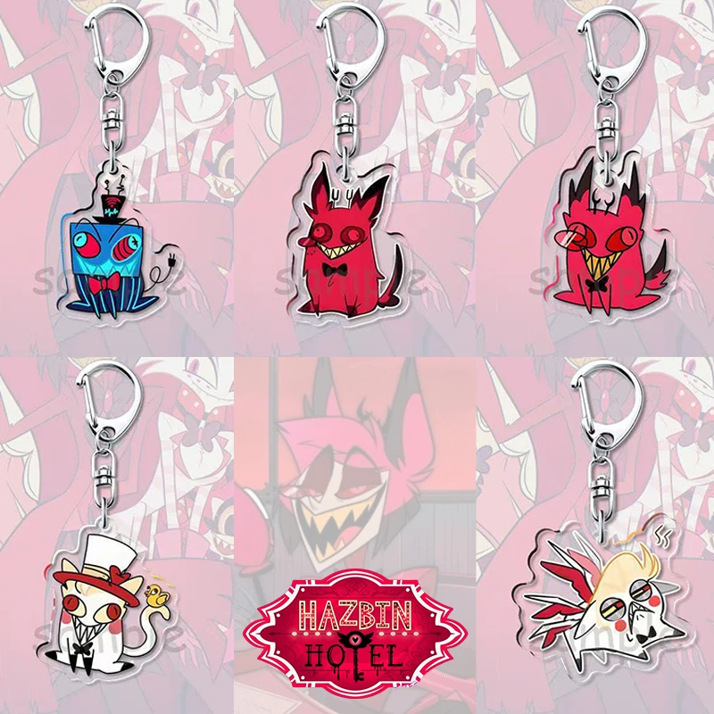 Hazbin Hotel llavero acrílico de dibujos animados figura de Anime Alastor Lucifer Vox divertido gato llavero mochila decoración colgante llavero regalos