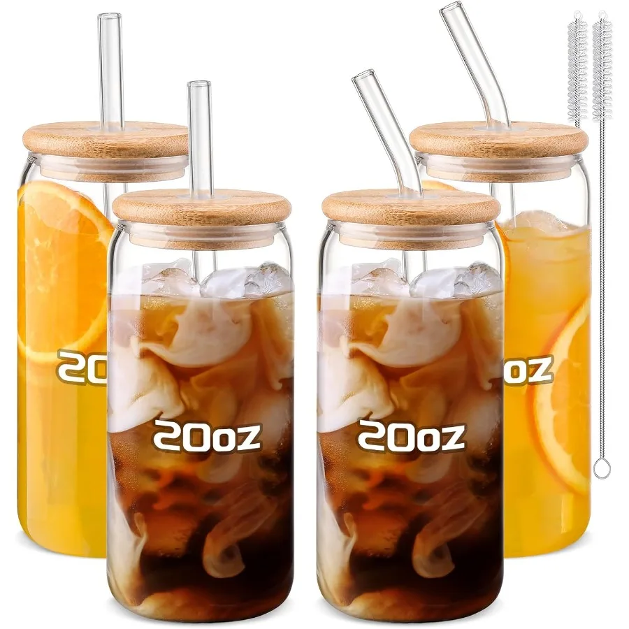 

20oz Glass Cups with Lids and Straws 4 pcs Set for Coffee Drinking Glasses with Straw and Lid Reusable Glass Tumbler for Home O