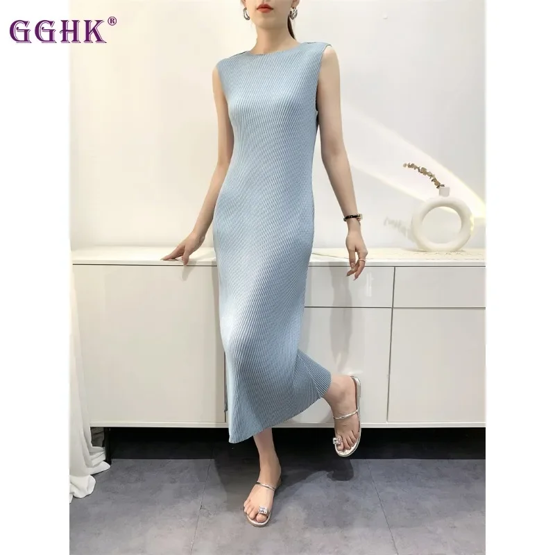 GGHK Women Casual Dress 2024 Summer New Solid Color Round Neck Sleeveless Slim Design Fashion Dress Daily Wear