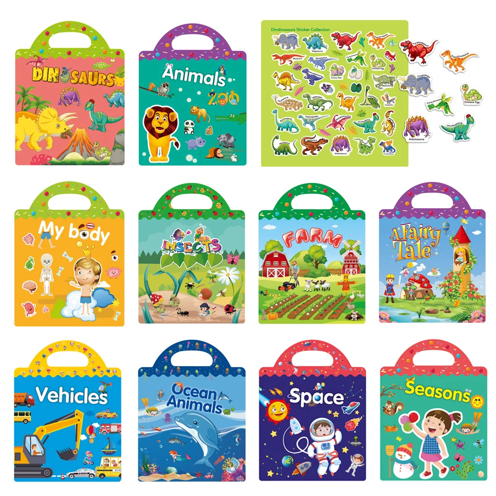 Cute Children Scene Stickers Hand-on Puzzle Sticker Books Reusable Cartoon Animal Learning Cognition Toys for DIY Kids Gift