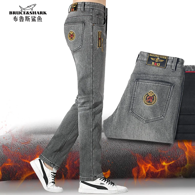 New Winter Fleece Jeans for Men Bruce&Shark  Korean Luxury  Desinger Man Jeans Casual Straight Leg Loose Style Mens  Demin Jeans