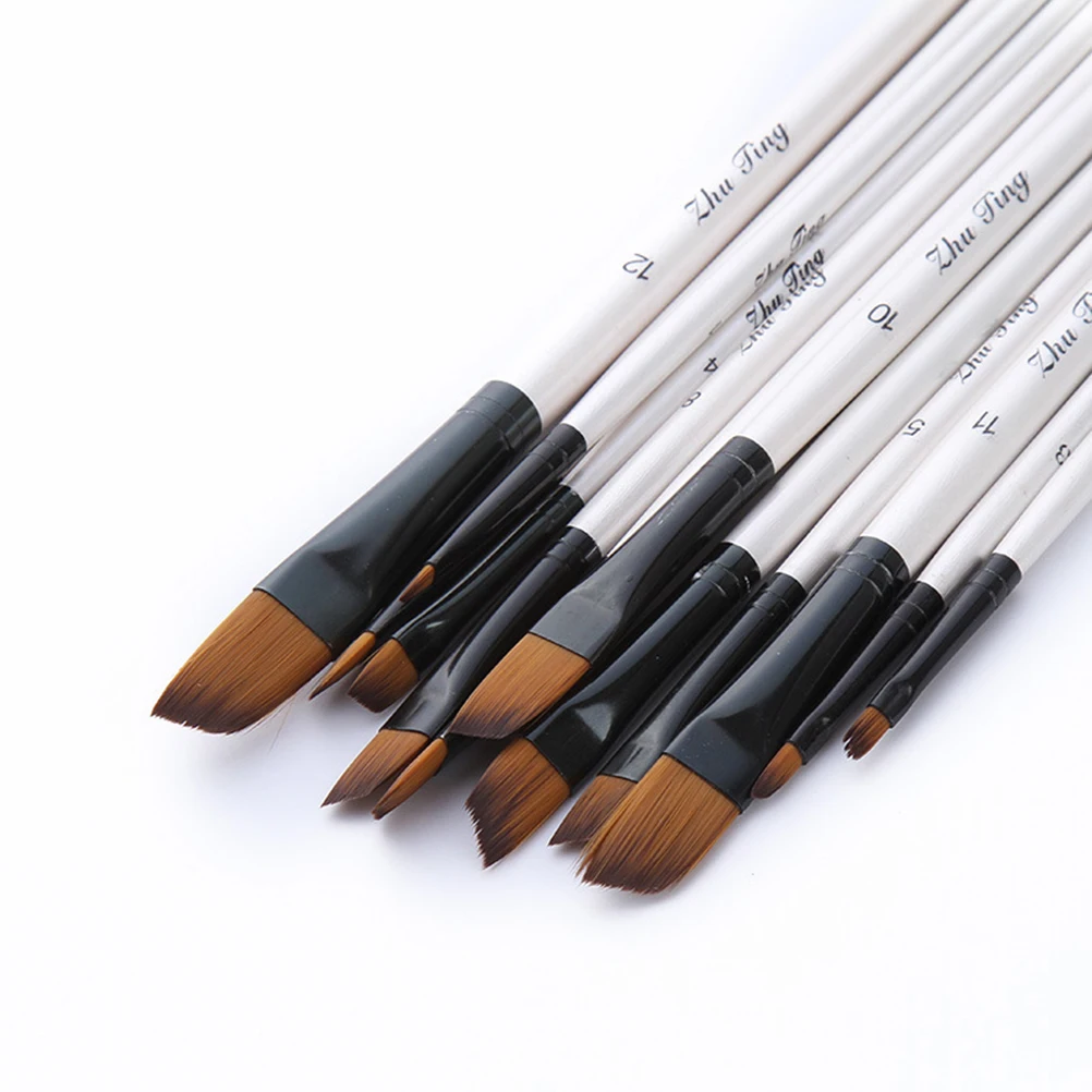 

12Pcs Wooden Nylon Art Drawing Supplies for Oil Watercolour Gouache Smooth Handle Durable Lightweight White Inclined Front Style