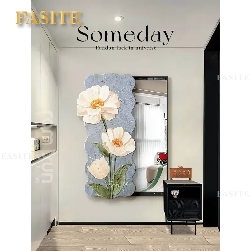 For Bedroom Decorative Full Body Mirror Hidden Sliding Mural Cream Style Flower Painting Invisible Wall Hanging Art Furniture