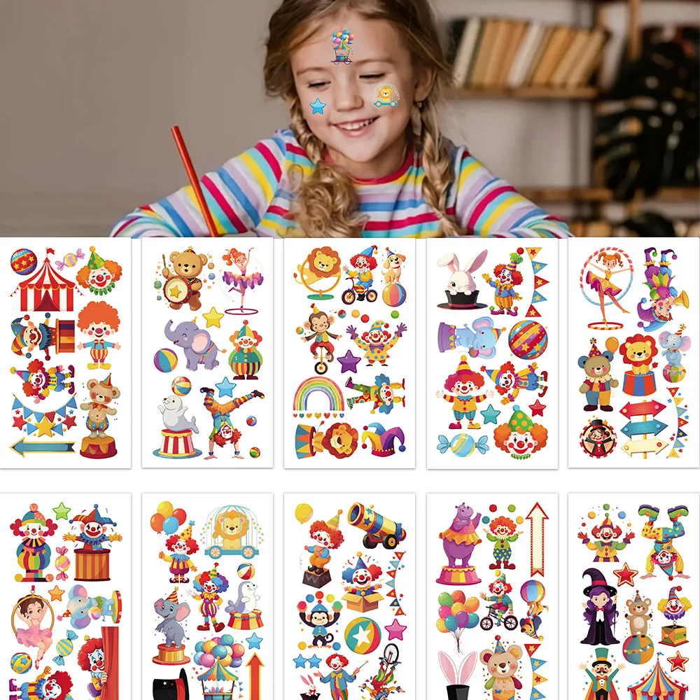 10PCS Circus Tattoo Stickers Exquisite Clown Performance Fake Tattoo Personalized Retro Tattoo Waterproof Durable