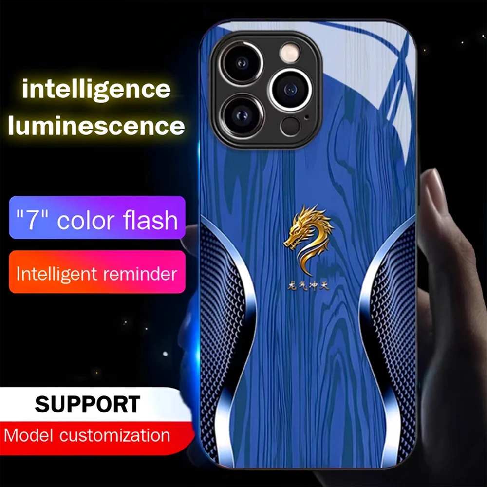 Luxury Wood Grain Dragon Emblem Smart LED Light Glow Tempered Glass Phone Case For iPhone Air 17 16 15 14 13 12 11 Pro Max Plus view 5