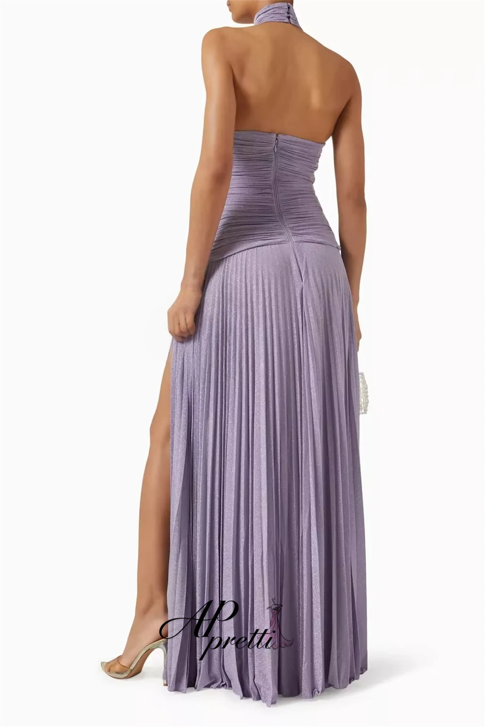 AP pretti Halter Neck Pleated Evening Dress Customized Sleeveless Keyhole Ruched Shining Side High Slit Floor‑Length Party Gown