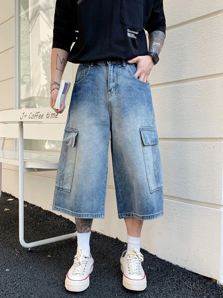 

Men's Retro American Washed Denim Jeans Loose Multi-Pocket 3/4 Length Thin Trendy Streetwear Summer Wide-leg Casual short Pants
