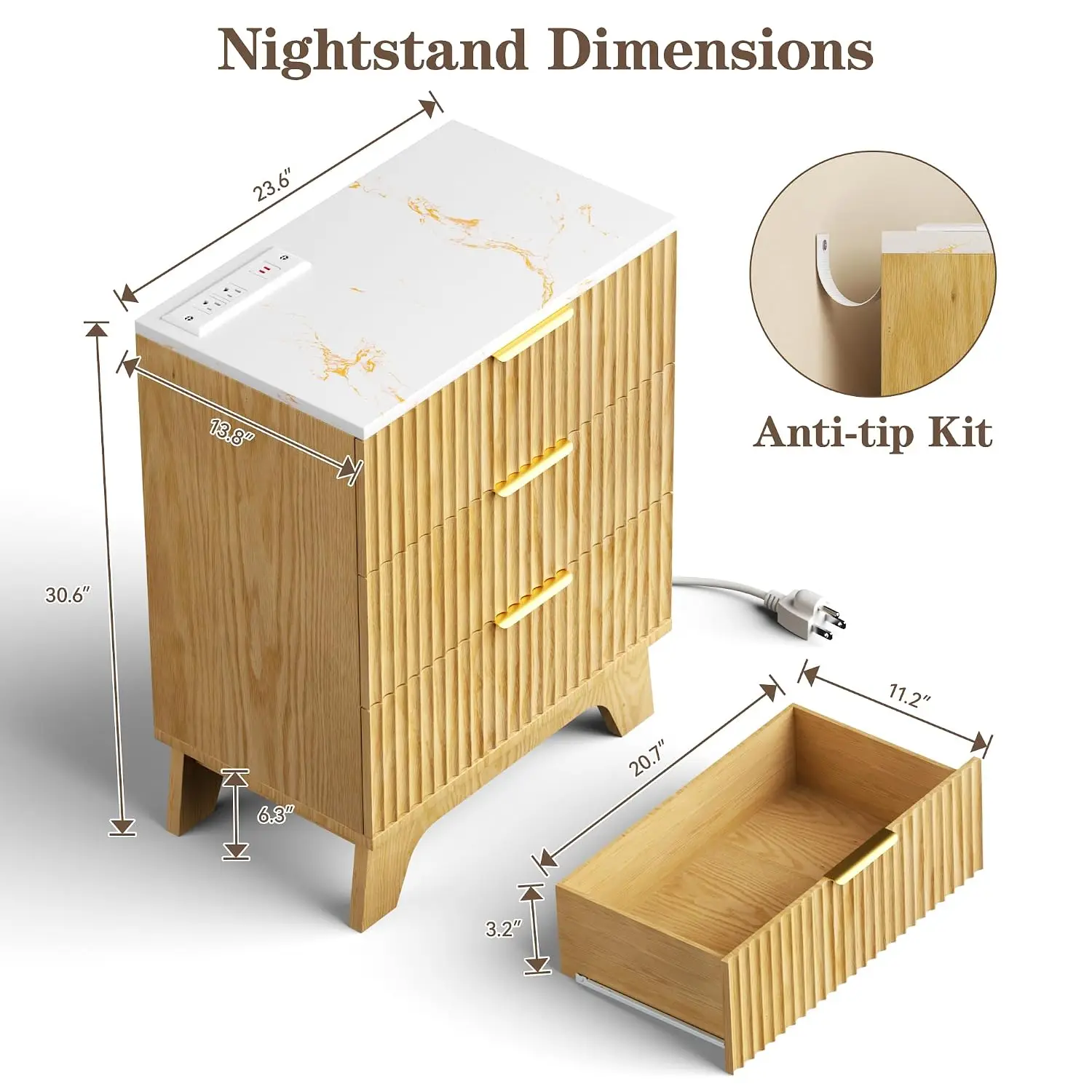 Fluted Nightstand With Charging Station, Wood 3 Drawer Bedside Table, Faux Marble Top, Storage & Gold Handles, Customized