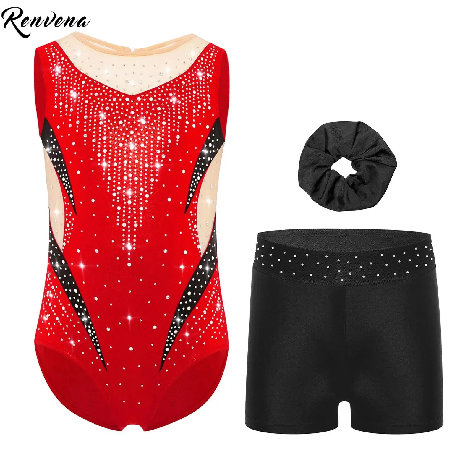 Kinder Mädchen Ballett-Gymnastik-Tanz-Sets mit Schlüsselloch-Rücken, Eiskunstlauf-Outfits, durchsichtiges Mesh-Strass-Trikot mit Kopfbedeckung und Shorts