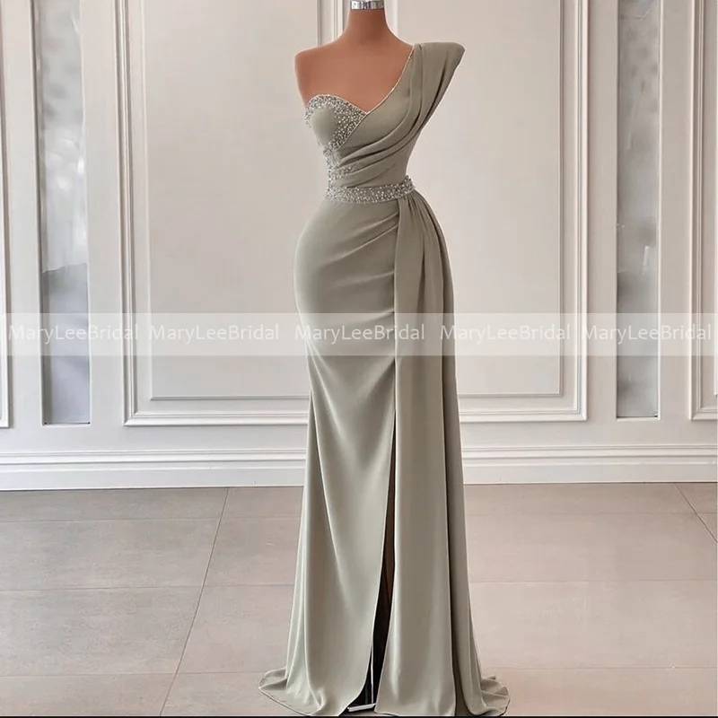 

Ruched Crepe One Shoulder Prom Dresses with Front Slit 2022 Women Grey Mermaid Evening Dress Delicate Beads Formal Party Gowns