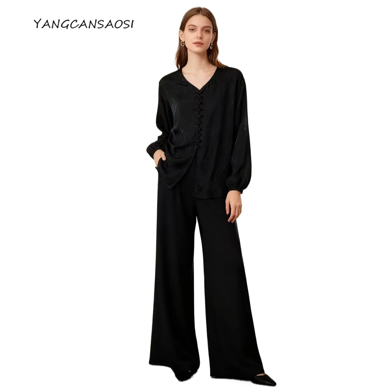 

Women's Court Style Clothing 20MM 100% Natural Mulberry Silk Jacquard SangBo Satin V-neck Solid Color Lantern Sleeve Shirt
