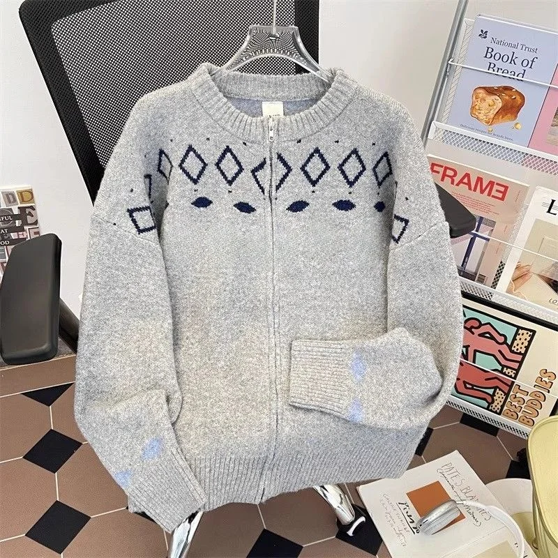 

Вязаный кардиган унисекс: повседневный свободный винтажный свитер-жакет на молнии из полиэстера для осени и зимы