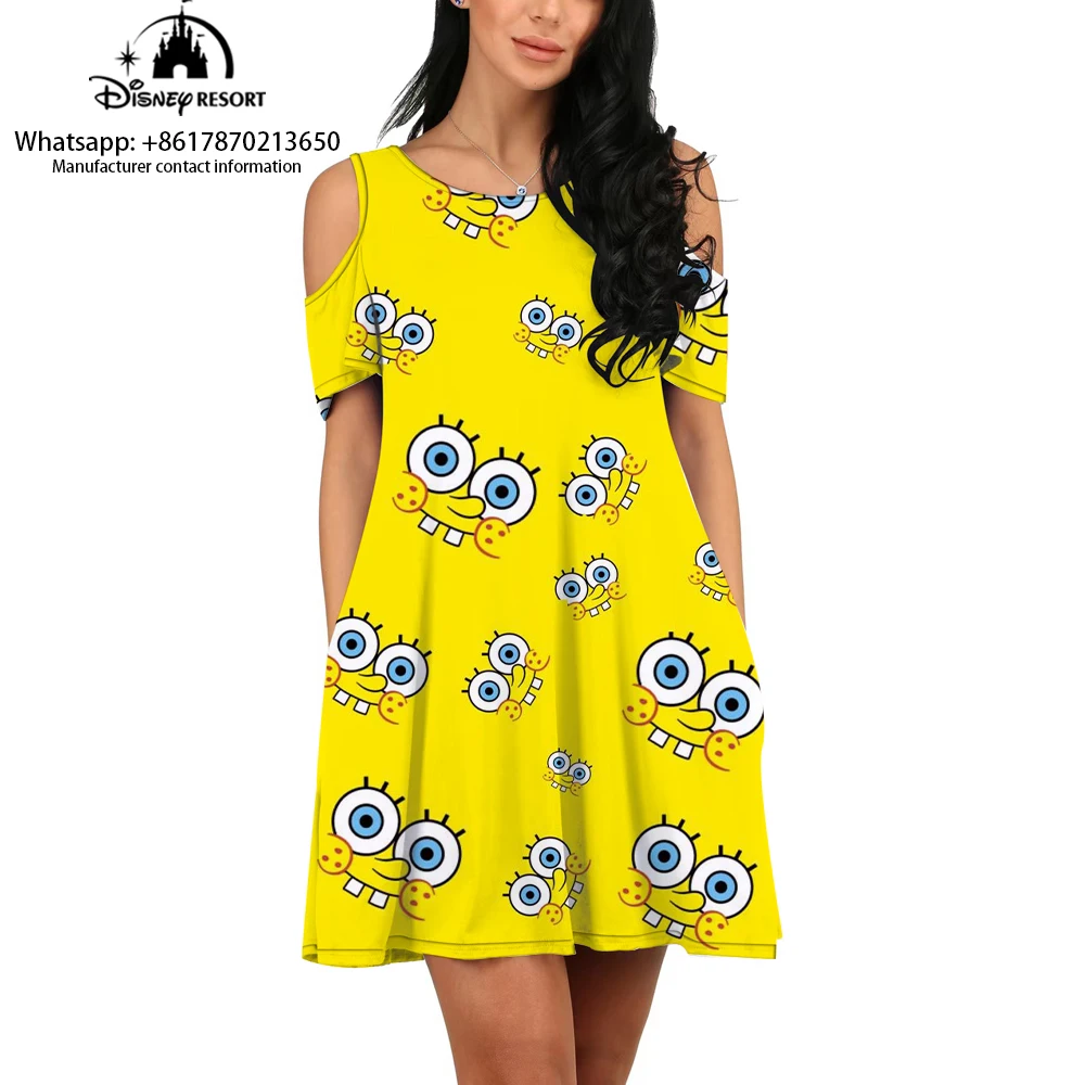 

Loose Casual SpongeBob Cartoon Off-the-Shoulder Dress Fashionable Elegant Women's Printed Dress 2024 New Style