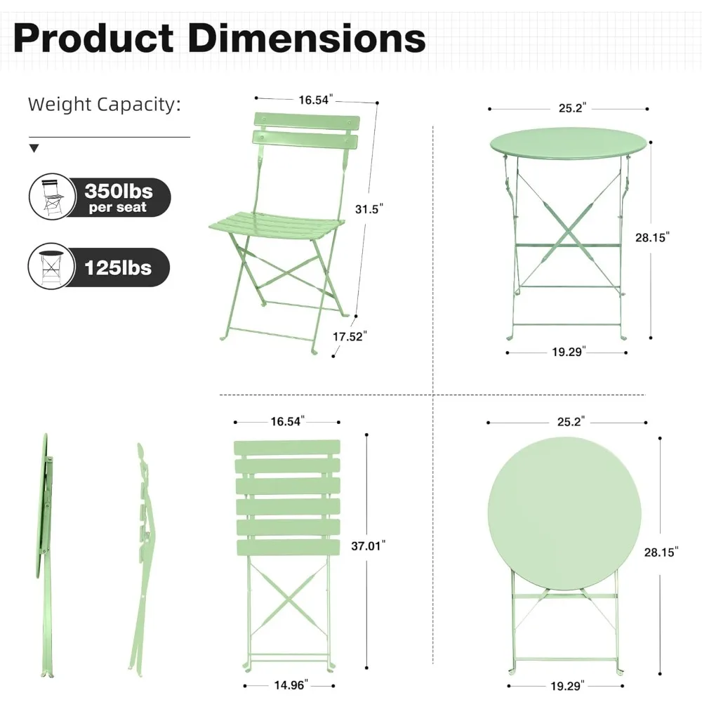 مجموعة أثاث الفناء الخارجي: طاولة وكراسي بيسترو قابلة للطي مكونة من 3 قطع، مثالية للحديقة والشرفة وجانب حمام السباحة باللون الأخضر