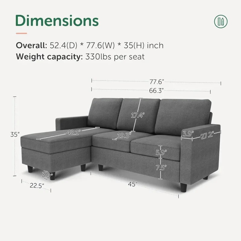 Convertible Sectional Sofa,  L Shaped Couch with Reversible Chaise,   for Small Space Apartment, Grey