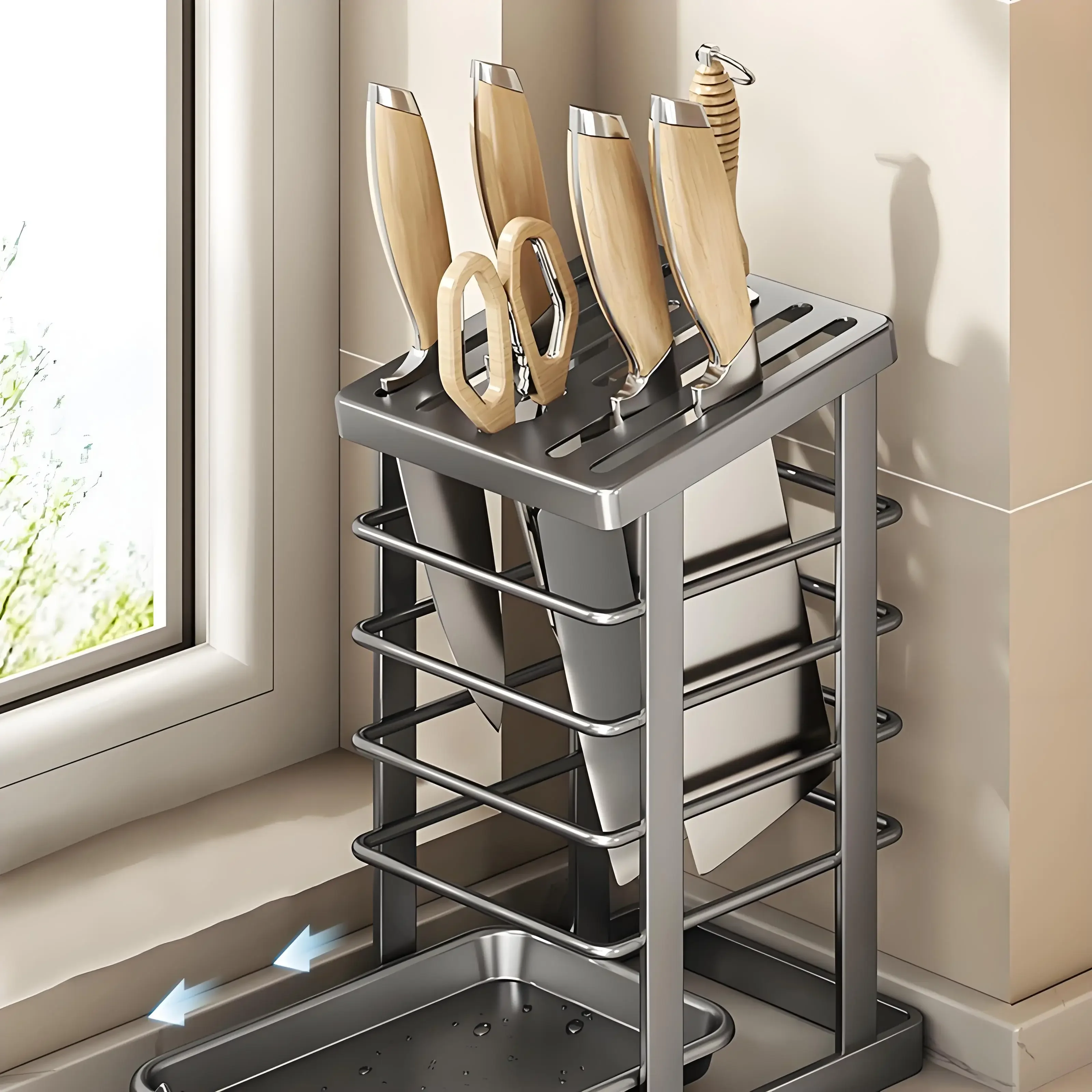 Stainless Steel Knife Holder With Tray Large Chef Knives Scissors Stand Kitchen Supplies Tool Storage Rack Home Organization view 2