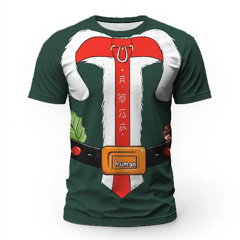 Funny Men's Santa Claus Suit Fake Print 3D T-Shirt Christmas Costume Short Sleeve Tee Xmas Holiday Party Graphic Tops