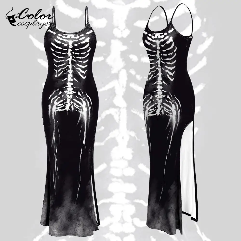 

Color Cosplayer Halloween Long Dress Gothic Skeleton Pattern Cosplay Costume Punk Party Dress Sexy Outfit Festival Clothing