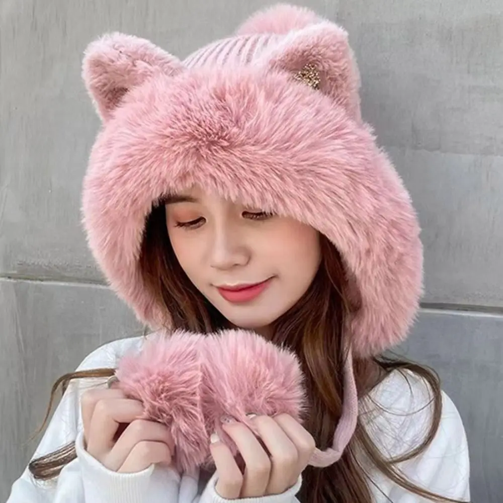 Winter Warm Knitted Hats for Women Cute Cartoon Cat\'s Ears Two Balls Earflap Cap Plush Fluffy Thicken Warm Beanie Hat