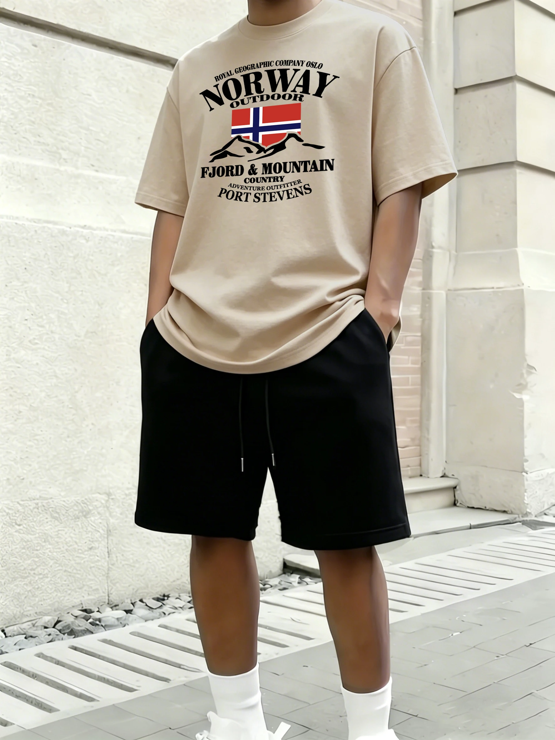 

Norway Fjords And Mountains Pattern Summer Cotton Running Man'S Short Sleeve Set Commute Street Tees Drawstring Sport Pants