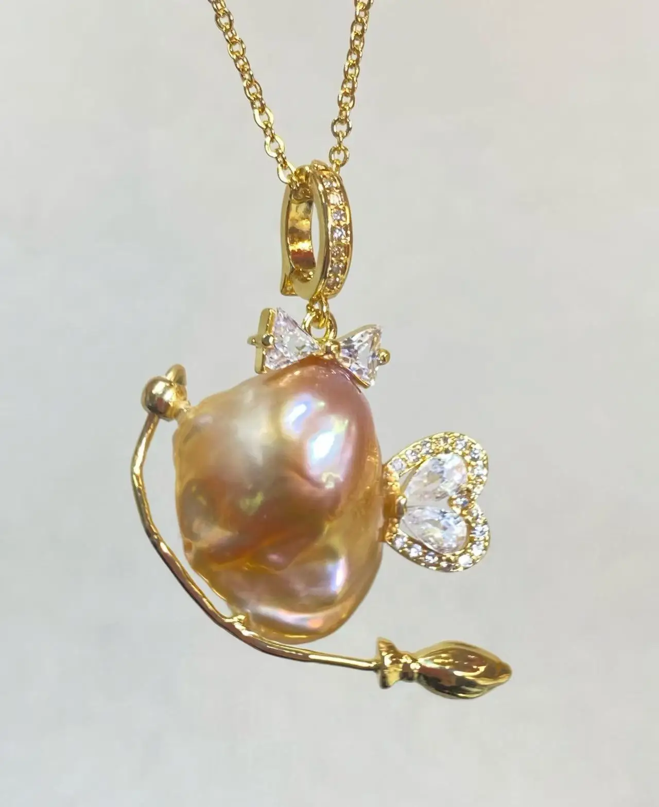 14K Gold Plated Natural Baroque Pearl Little Monster Pendant Cute Animal Charm Necklace 925 Sterling Silver Fashion Jewelry Gift