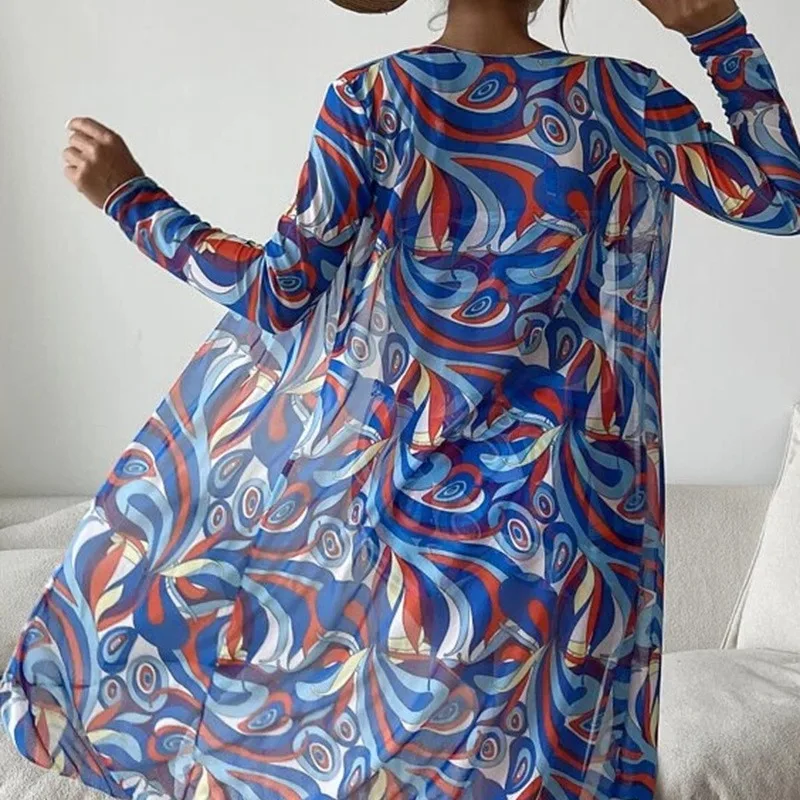 Damski 3-częściowy zestaw odzieży Split Bikini Mesh Długi luźny kardigan Cover Up Biustonosz Szorty Spodnie z nadrukiem