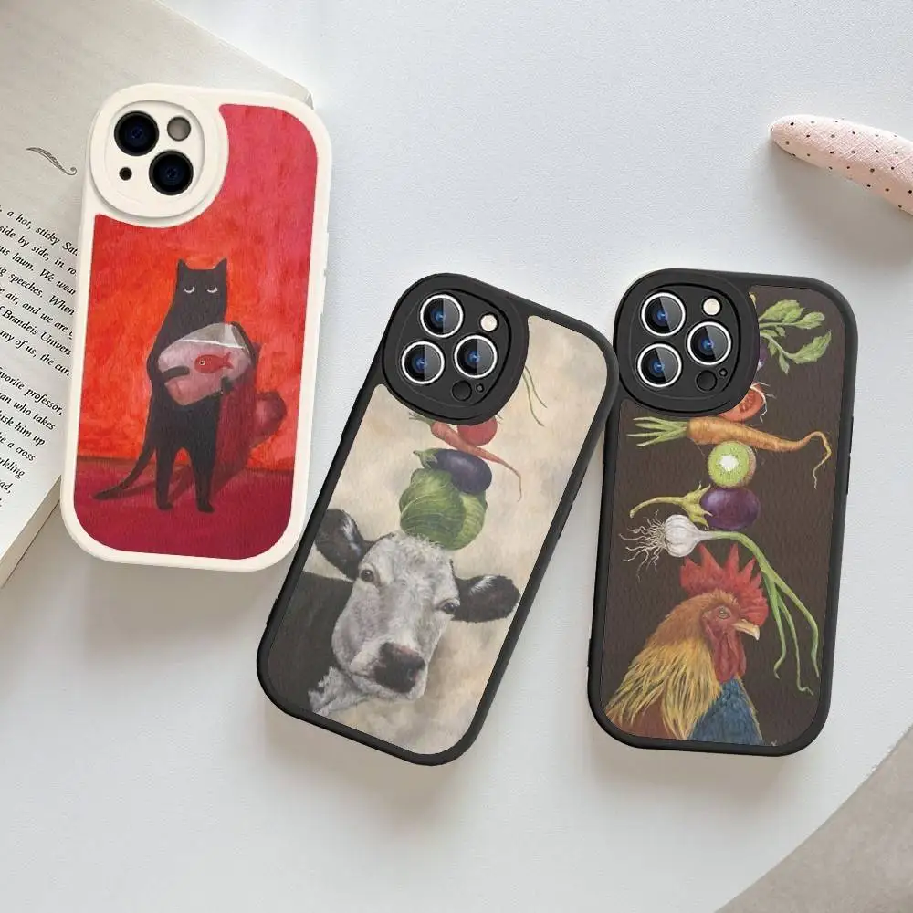 F-Folk-Animal-Painting Phone Case for iPhone 16 15 14 13 Pro Max 11 12 Plus Leather Silicone Cover