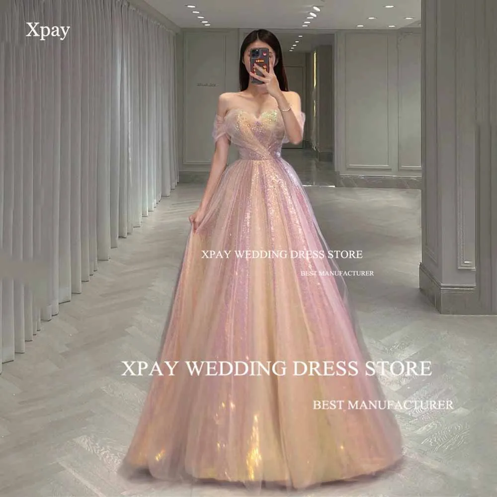 

XPAY Sweetheart Pink Korea Evening Dresses Off Shoulder Sparkly Sequined Formal Prom Gown Photo Shoot Pleat Wedding Party Dress