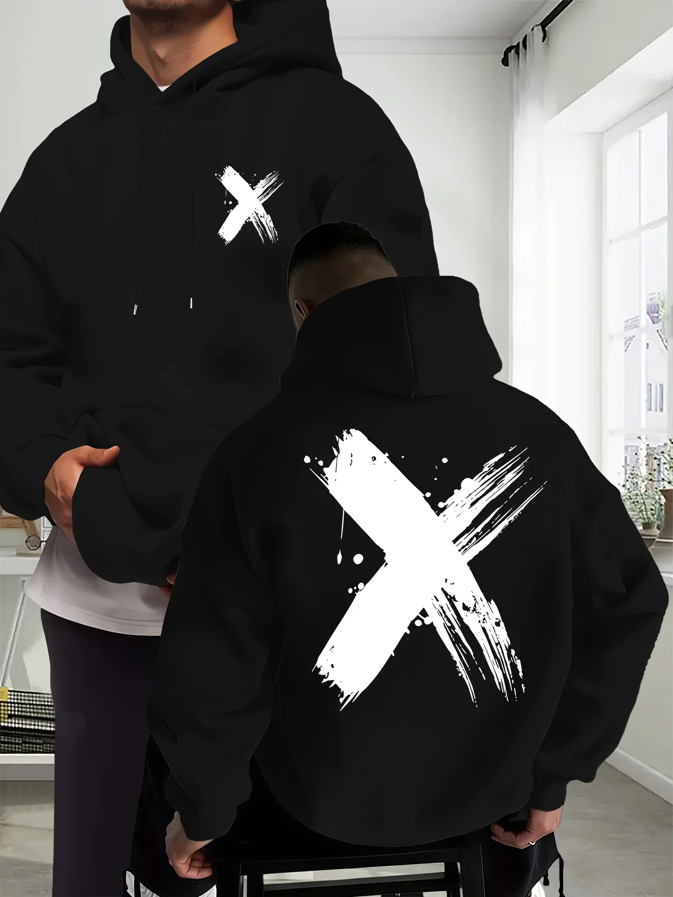 Men Minimalist Urban Hoodie Paint Splash Cross X Mark Front And Back Graphic Print Loose Pullover Autumn Winter Fleece Lined