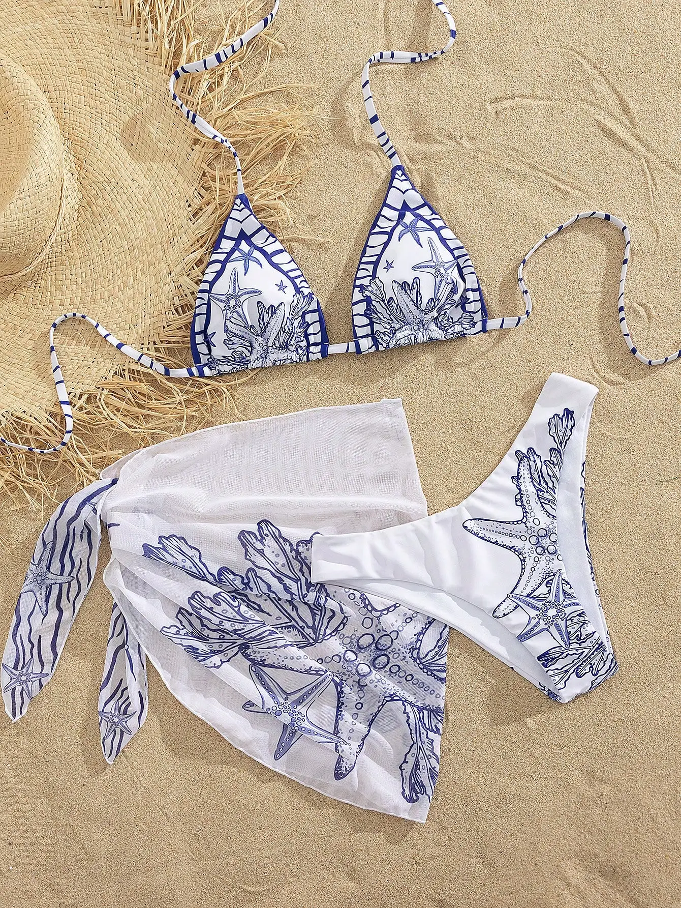 

Ocean Print Triangle Bikini Set With Mesh Skirt 3 Pieces Beach Resort Swimwear