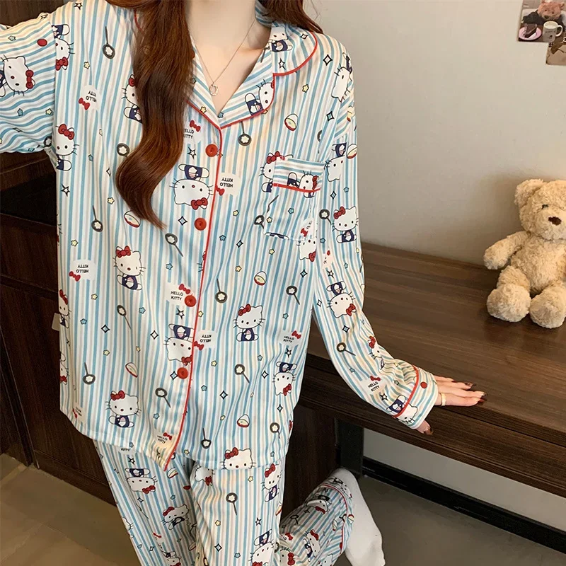 Sweet and cute Hello Kitty pajamas Sanrio cartoon loungewear simple casual women's two-piece set breathable pajamas