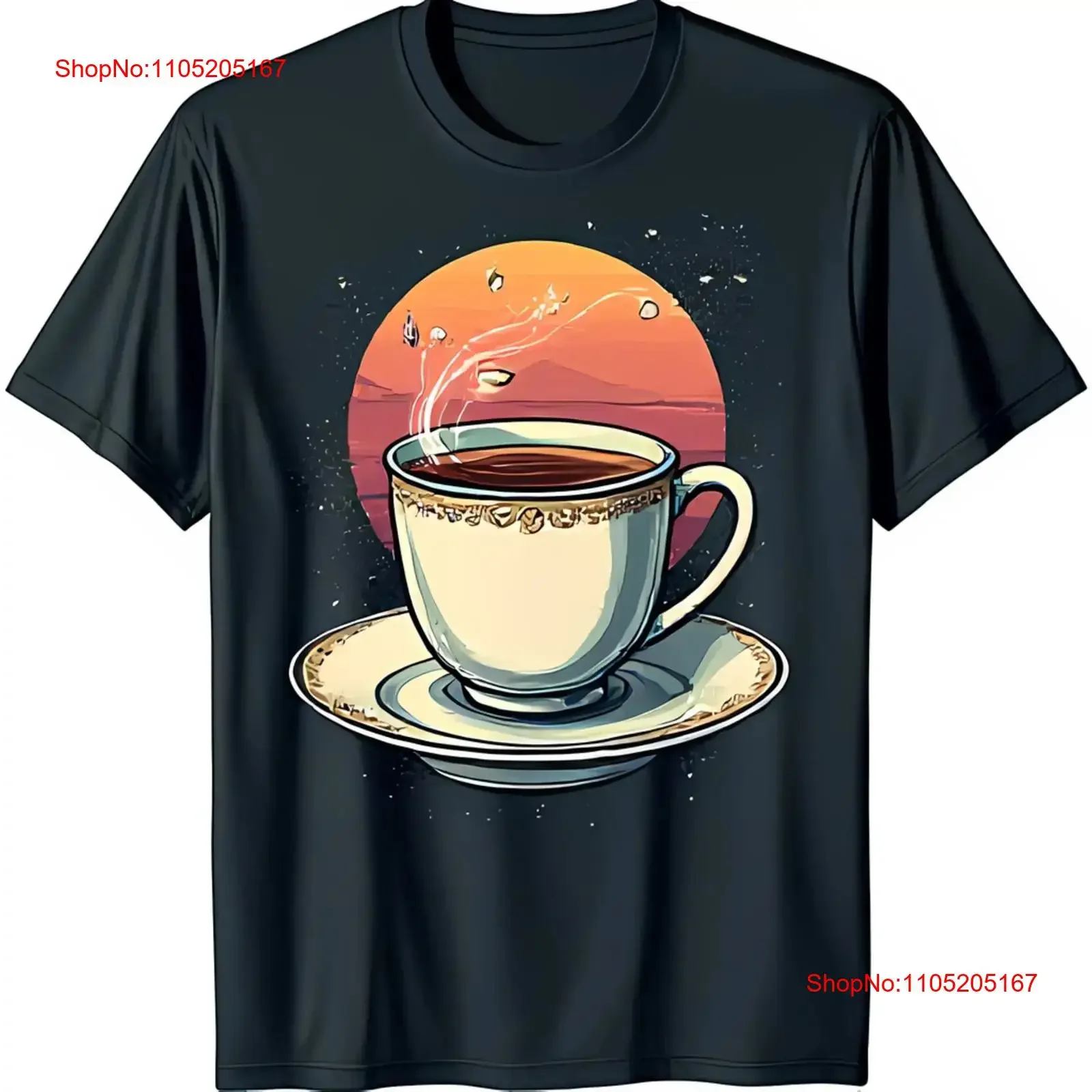 Stylish Black T Shirt with Elegant White Coffee Cup Vibrant Sunset Design vintage Washed Comfortable Breathable fashion