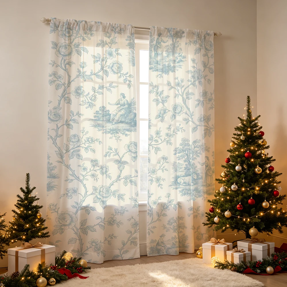2PCS Blue line art pastoral people roses Print Curtains, Bedroom Living Room Window Drapes, Rod Pocket Polyester, Home Decor