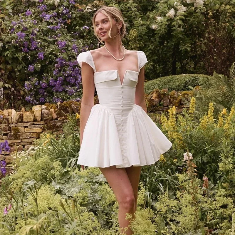 Vestido Sexy de corte a con escote cuadrado y escote en V profundo para mujer, vestido de fiesta con botones y manga corta de burbuja, Mini vestido ajustado de verano