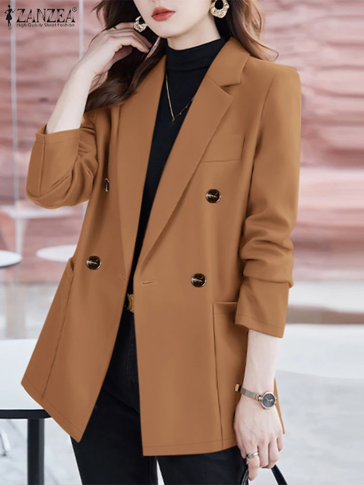 ZANZEA Casual Double-Breasted Thin Jackets 2025 Spring Solid Long Sleeve Office Lady Blazer Commute Women Lapel Neck Blazer