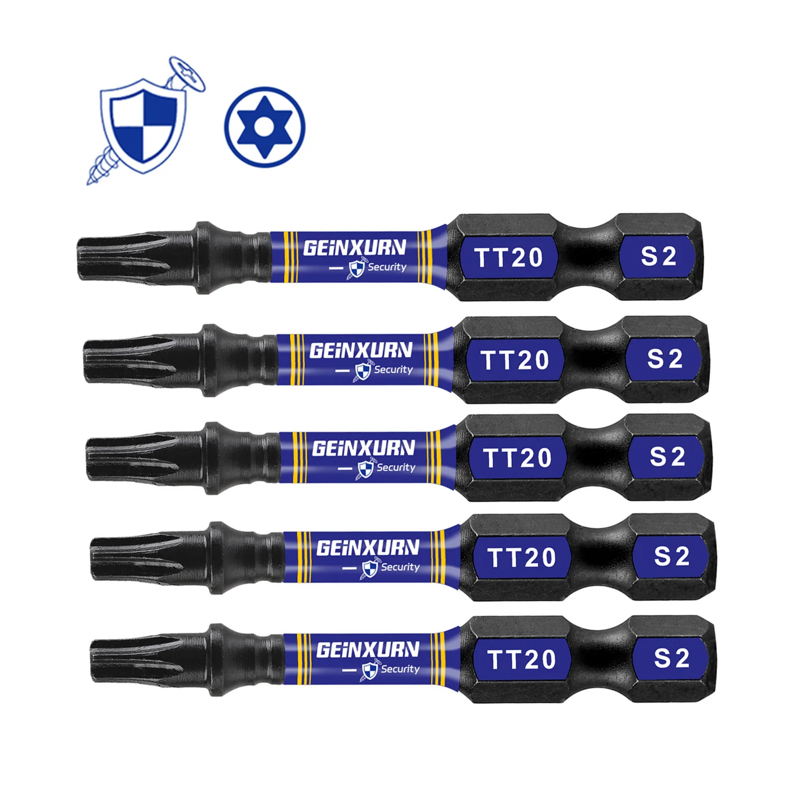 Geinxurn 2 In.Impact Tough Magnetic Power Bit Set,Security Torx Head Power Bits,S2 Alloy Steel Star TT20 Screwdriver Bits Set