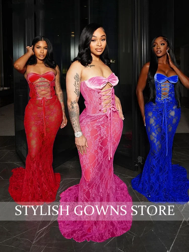 แอฟริกันสีแดงชุดราตรียาว 2025 เซ็กซี่สําหรับสาวสีดําลูกไม้ Appliques ชุดวันเกิด Lace Up ชุดราตรีที่กําหนดเอง