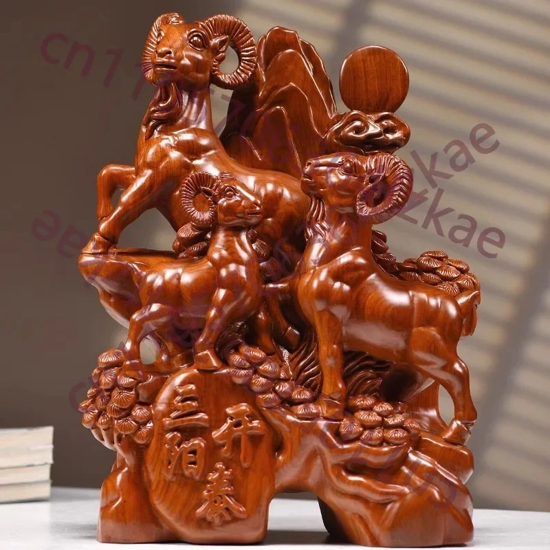 Rosewood Carved Three Rams Bringing Prosperity Statue - Hand Carved Chinese Zodiac Figurine, Office Decor