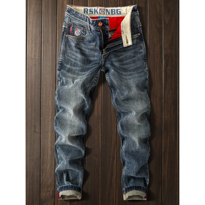 2025New جينز مطرز للرجال ، كاجوال قابل للتمدد صغير مستقيم الساق ، الخريف العصرية موضة الراقية الرجال السراويل