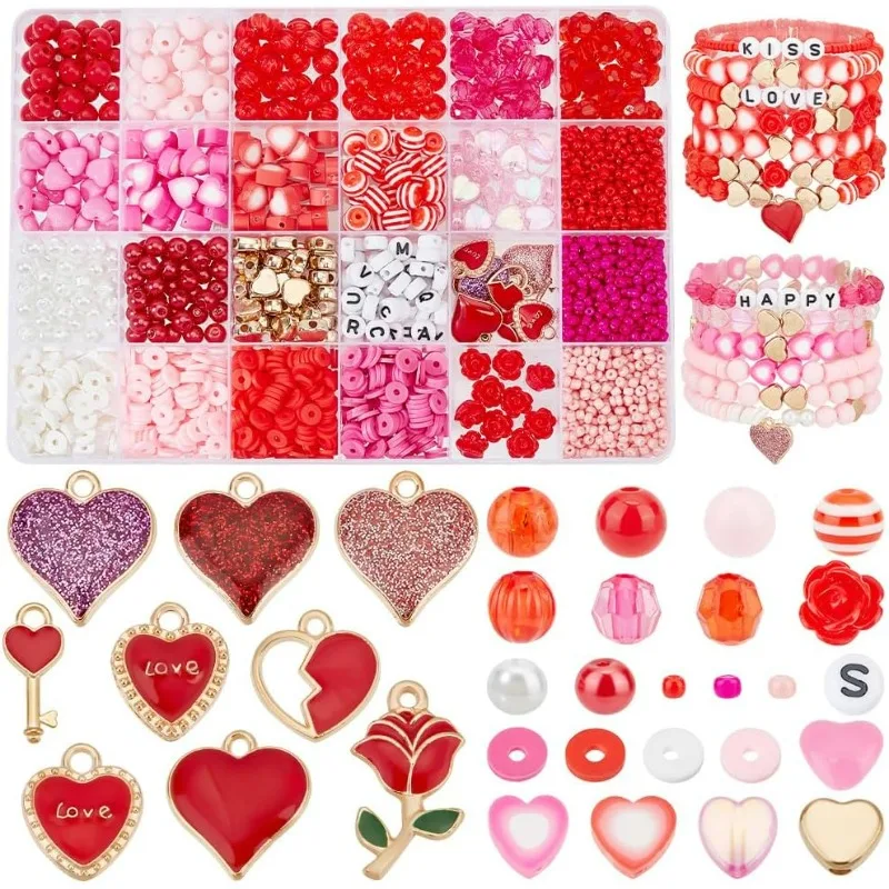 

1959pcs Red Beads Valentine's Day Beads for Jewelry Making 3mm Seed Polymer Clay Letter Acrylic Bead and Heart Charms