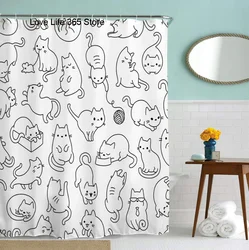 Black Line Cat Shower Curtains Washable Fabric Polyester For Bathtub Art Bathroom Decor Partition With Hooks Hanging Waterproof