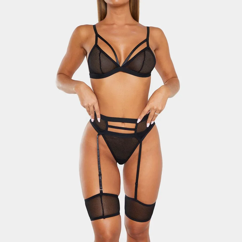 

Womens Sexy Erotic Western Style See Through Lace 3 Piece Set Sensual Mesh Patchwork Alluring Charming Breathable Lingerie Set